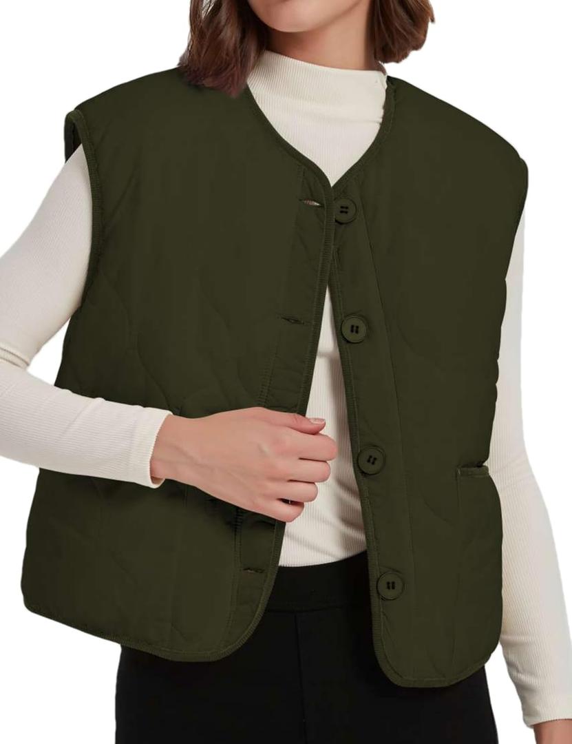Womens Fall Reversible Vests Casual Button Down Sleeveless Sherpa Vest Fleece Padded Gilet Outerwear Jacket Coat (Green, L)