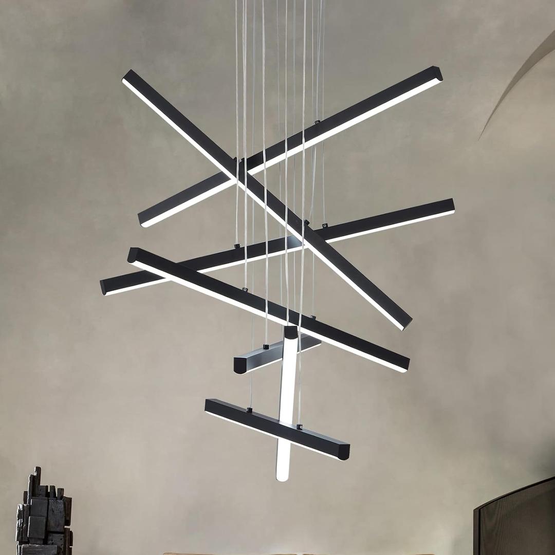 Black Modern Chandelier, LED Linear Pendant Light Fixture 7 Lights Daylight 6000k 23.62in Hanging Lighting for Kitchen Island Living Room Dining Room Staircase Office Adjustable Shape