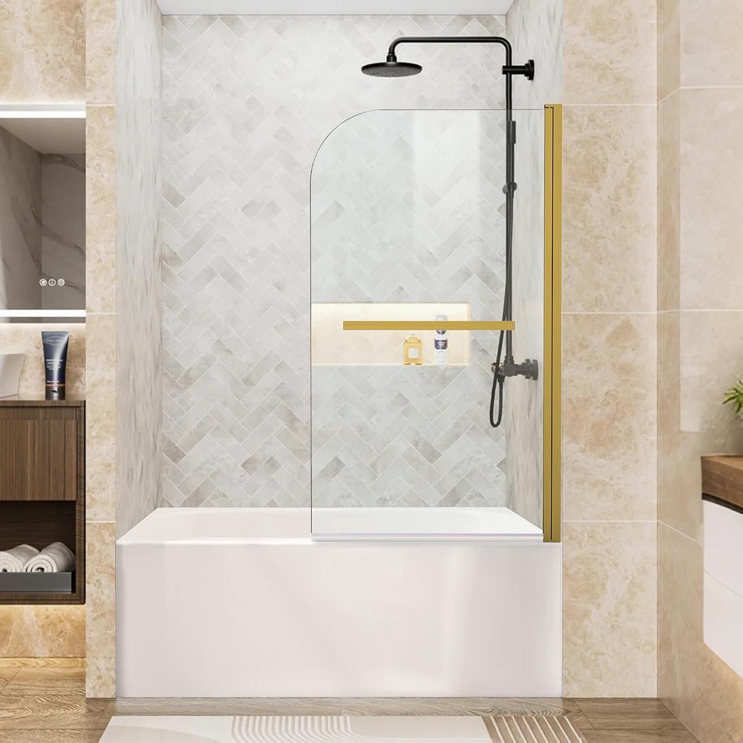 Bathtub Shower Door, 34" W x 58" H Hinged Bathtub Glass Door Semi-Frameless Bypass 1/4"(6mm) Tempered Glass Shower Door with Explosion-Proof Film Stainless Steel Brushed Gold