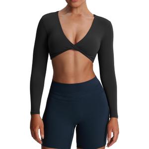 Aoxjox Long Sleeve Crop Tops for Women Sienna Twist Deep V Workout Cropped T Shirt Top (X-Small, A Black)
