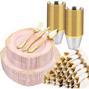 Realluck 350 PCS Pink and Gold Plastic Plates, Plastic Dinnerware Set for 50 Guests, 100 Disposable Plates, 150 Silverwares, 50 Cups, 50 Napkins for Party, Wedding, Graduation