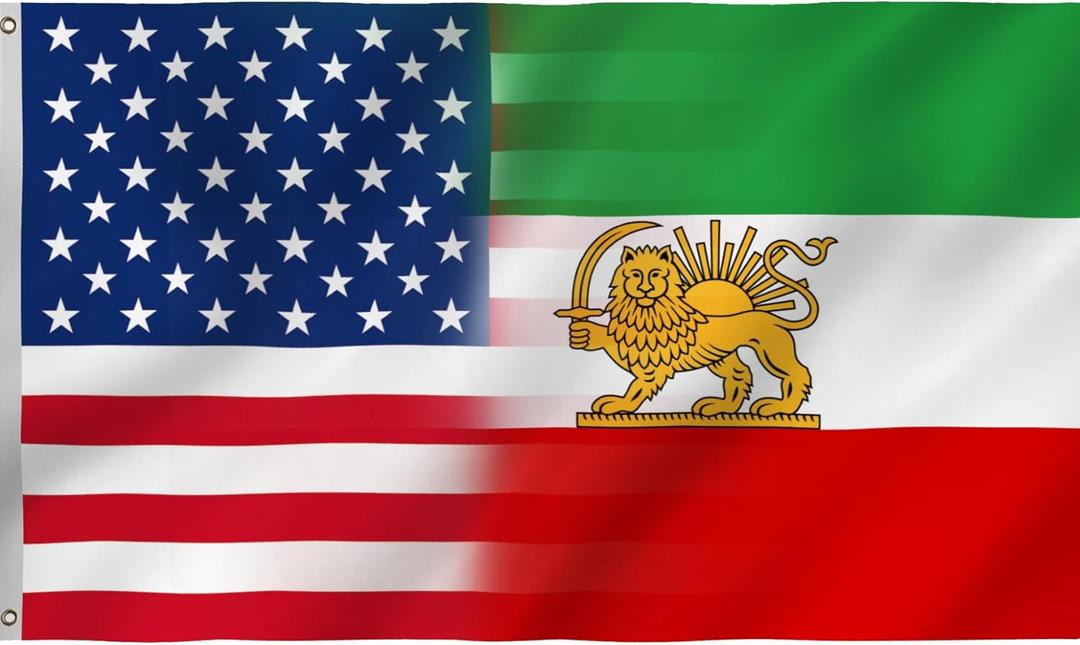 America and Old Iran Flag with Lion Sun Crown Flag 3X5FT, American Iranina Friendship Flags, Large National Banners, Vivid Color and Fade Proof,Canvas Header and Double Stitched with Brass Grommets, Indoor, Outdoor, Gifts. (Z-Old-I-US, 3x5ft)