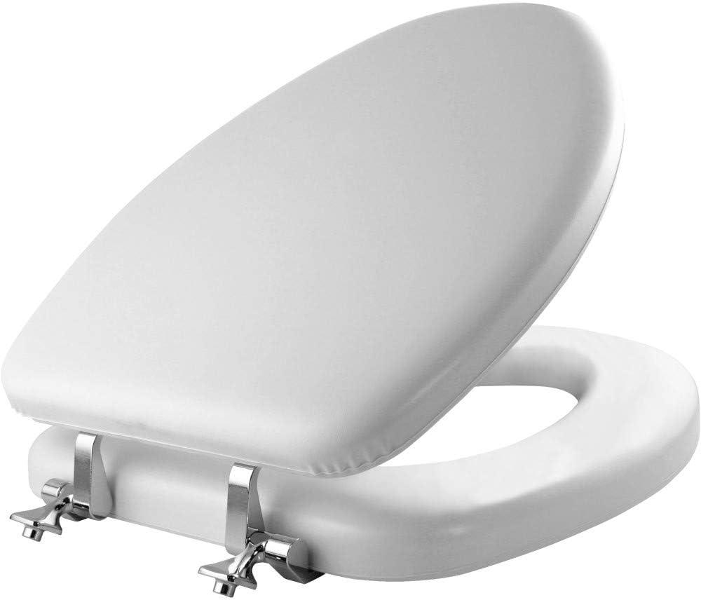 Mayfair Padded Toilet Seat with Chrome Hinges, Soft Vinyl over Wood Core Seat, Made in USA, Elongated, White