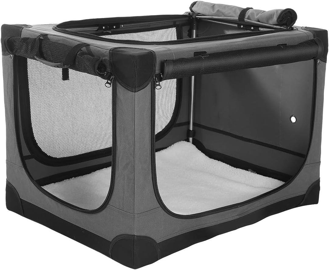 42-Inch Collapsible Travel Dog Crate, Portable 4-Door Soft Kennel for Medium to Large Dogs, Chew-Proof Mesh Windows, Indoor/Outdoor Use, Foldable, with Storage Bag (Grey)