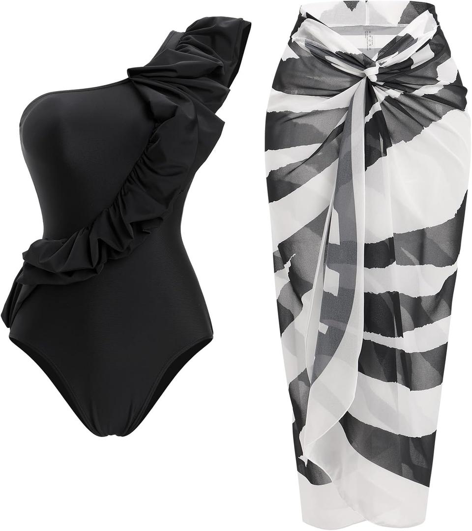 IDOPIP Women's One Piece Swimsuit with Beach Cover up Wrap Skirt Sarong Halter Floral Print Bikini Set Two Piece Bathing Suit (Medium, Black - Zebra)