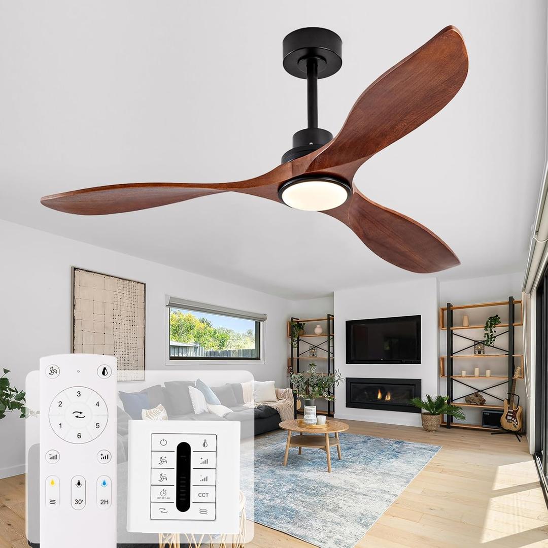 52 Inch Solid Wood Ceiling Fans with Lights and Remote, 3 Blade Walnut Outdoor Ceiling Fans with Wall Control, Dimmable, 6 Speeds, Quiet DC Motor for Bedroom/Patios/Farmhouse/Living Room