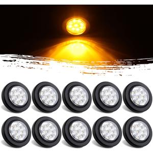 10Pcs 2 Inch Round Led Marker Lights 9 Amber LED Reflectors Clear Lens, 2 Inch Round LED Truck Trailer Clearance Side Marker Lights w/Light Grommets and 2 Prong Trailer Wire Pigtails 12V Waterproof