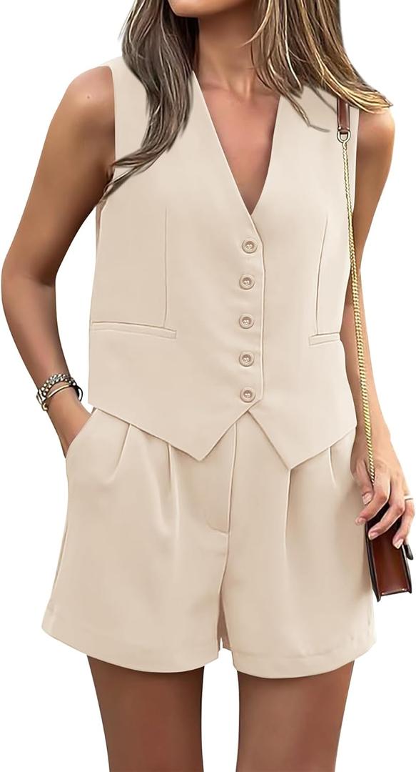 PRETTYGARDEN Women Summer 2 Piece Outfits V Neck Sleeveless Button Down Vest Shorts Sets Business Work Matching Set 2025 (X-Small, Beige)