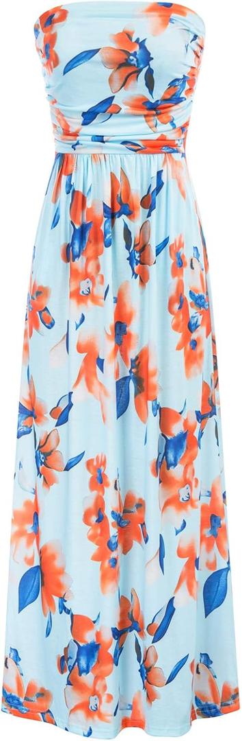 GRACE KARIN Women Strapless Dress Casual Loose Ruched Long Maxi Dress with Pockets (Large, Floral-light Blue+orange)