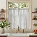 jinchan Striped Linen Kitchen Curtains 36 Inch Cafe Tier Curtains Balanced Stripe Farmhouse Small Drapes for Bathroom Laundry Over Sink Half Window Light Filtering 2 Panels Blue on Linen