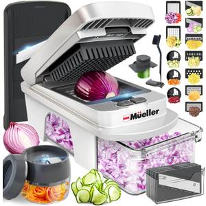 Mueller Pro-Series All-in-One, 12 Blade Mandoline Slicer for Kitchen, Food Chopper, Vegetable Slicer and Spiralizer, Cutter, Dicer, Grater, Kitchen Gadgets Sets with Container, White Sand/Gray Mueller Pro-Series All-in-One, 12 Blade Mandoline Slicer for Kitchen, Food Chopper, Vegetable Slicer and Spiralizer, Cutter, Dicer, Grater, Kitchen Gadgets Sets with Container, White Sand/Gray