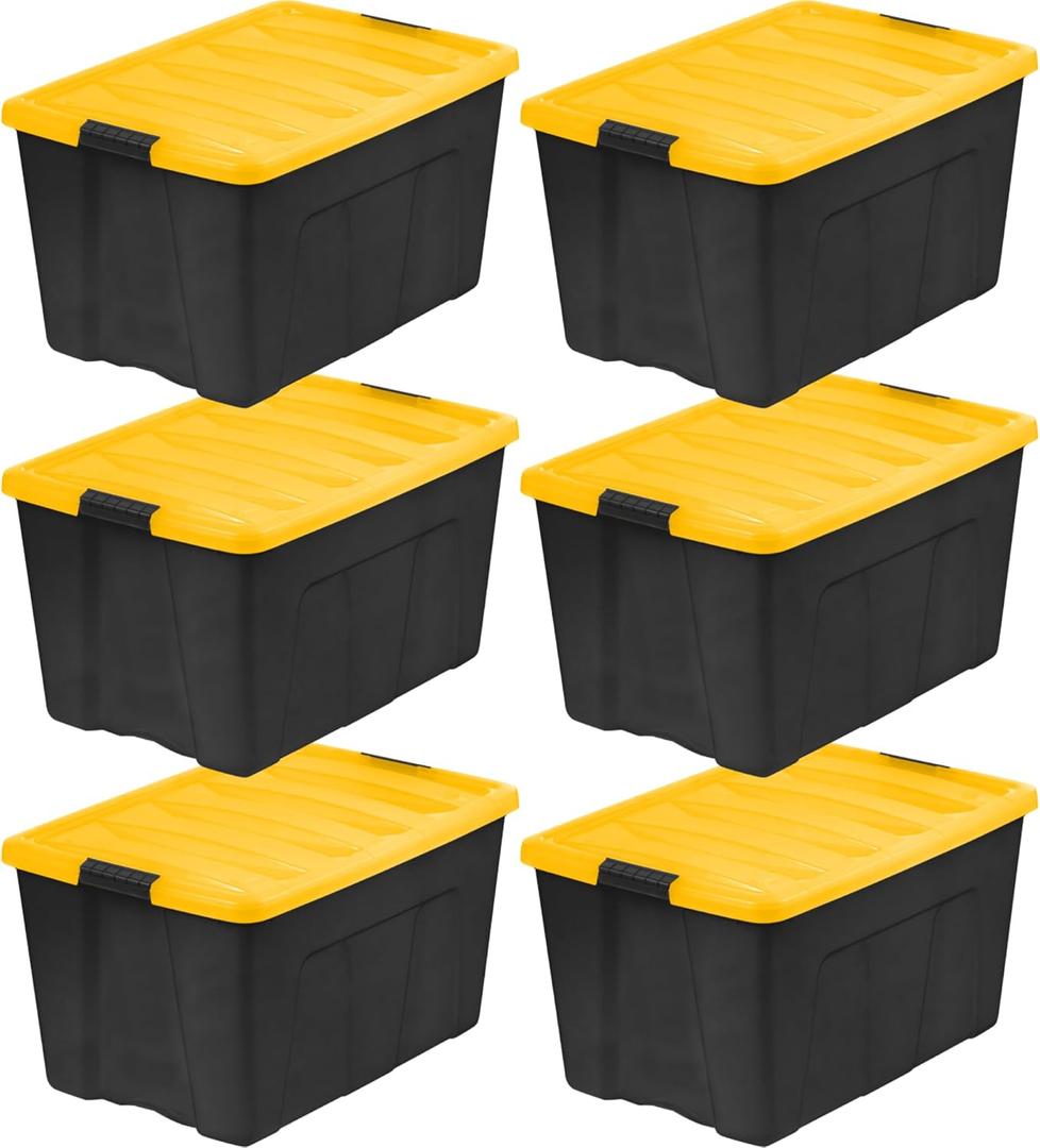 IRIS USA 72 Qt Stackable Plastic Storage Bins with Lids, 6 Pack - BPA-Free, Made in USA - Garage Organizing Solution, Latches, Durable Nestable Containers, Secure Pull Handle - Black/Yellow