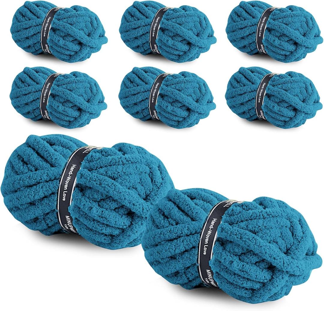 8 Packs Jumbo Chunky Chenille Yarn - 1820g(64oz) 254 Yards (761ft) Bulky Yarn - Chunky Yarn for Hand Knitting Blanket,Cushions, Pet Bed - Soft and Durable(Lake Blue)
