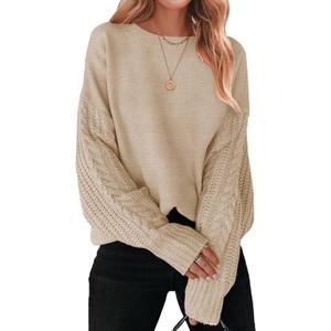 ZESICA Women's 2026 Spring Long Sleeve Crew Neck Solid Color Cable Knit Chunky Casual Oversized Pullover Sweater Tops (Medium, Oatmeal)