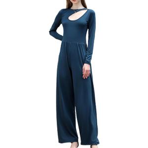 RONGTAI One Piece Jumpsuit for Women Long Sleeve Cutout Neck High Waist Dressy Casual Stright Leg Romper (Blue, L)