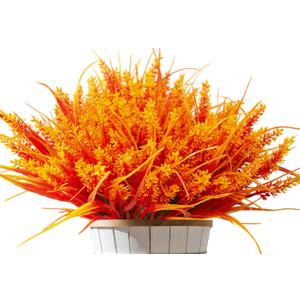 Artificial Fall Flowers for Outdoors 20 Bundles Faux Lavender UV Resistant Fake Monkey Grass Plants Plastic Autumn Mums for Indoor Outside Planter Porch Garden Window Box Decorations (Orange)