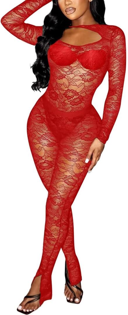 Kafiloe Birthday Outfits for Women Sexy 2 Piece Outfits Clubwear Mesh Lace Bodysuit Top Bodycon Flare Pants Set (Small, Red)