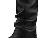 Women's Fold Over Boots Slouchy Wide Mid Calf Boots Low Block Heel Tall Boots Square Toe Moto Biker Booties Stacked Pleated Dress Boots Black US 9.5