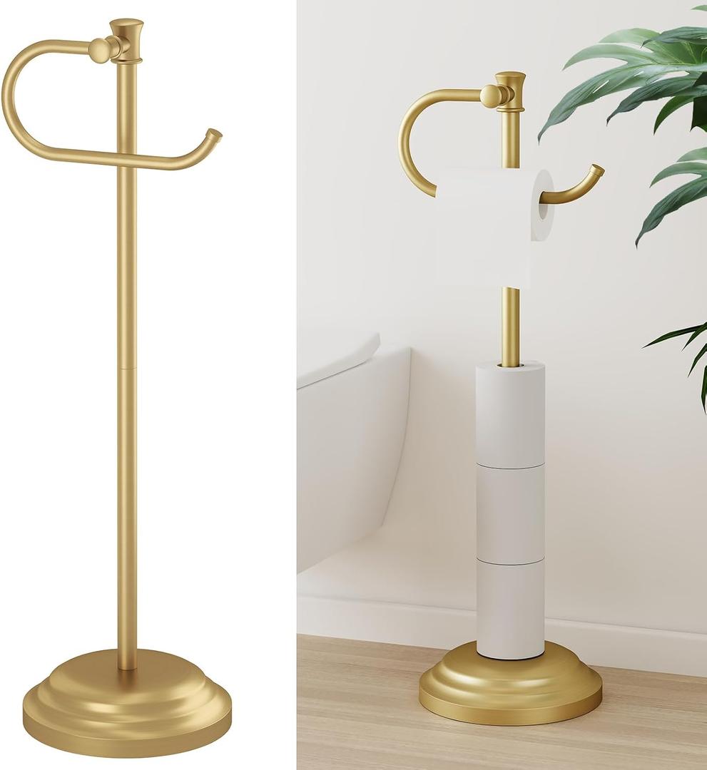 Hoimpro 25" Toilet Paper Roll Tissue Holder Free Standing with Shelf Storage Stand for 4 Rolls, Freestanding Hardware Accessories Rack Brushed Gold