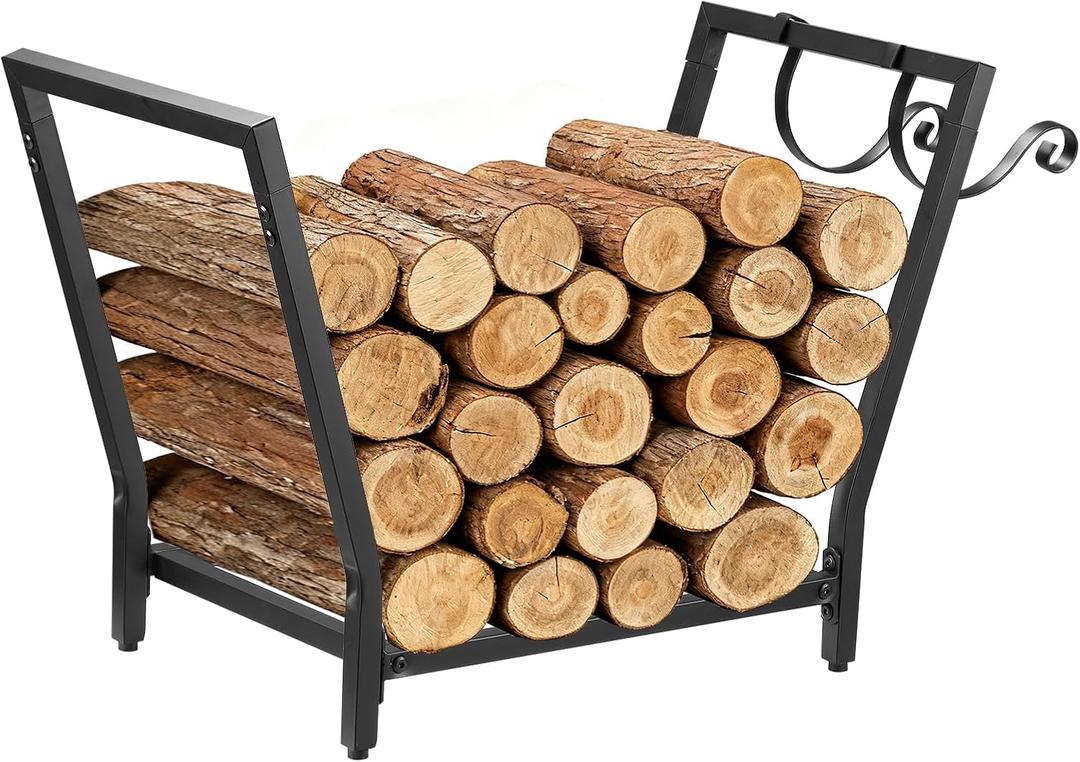 Firewood Rack for Indoor Outdoor Usage, Trapezoid Firewood Holder with 2 Hanging Hooks, Heavy Duty Wood Rack for Outdoor Patio, Black