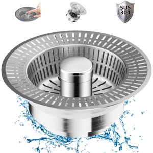 Kitchen Sink Drain Strainer and Stopper Combo, 3 in 1 Stainless Steel Pop-Up Sink Stopper & Drain Strainer for Standard Drains, Ideal Sink Protectors for Kitchen Sink