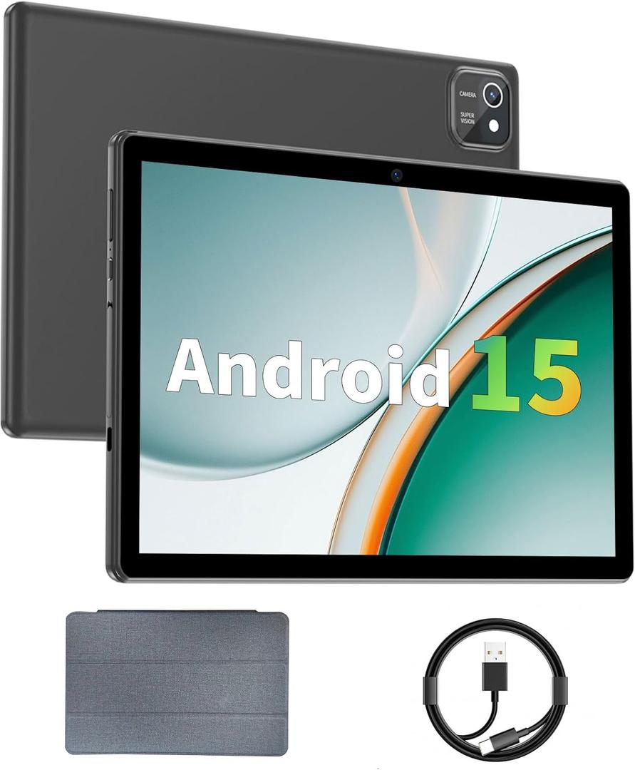 Tablet 10 inch Android 15 Tablets, 12GB RAM 64GB ROM 1TB Expand, Quad-Core Processor, 1280x800 LCD Touch Screen, WiFi 5, Dual Camera, BT5.0, 6000mAh Battery (Black)