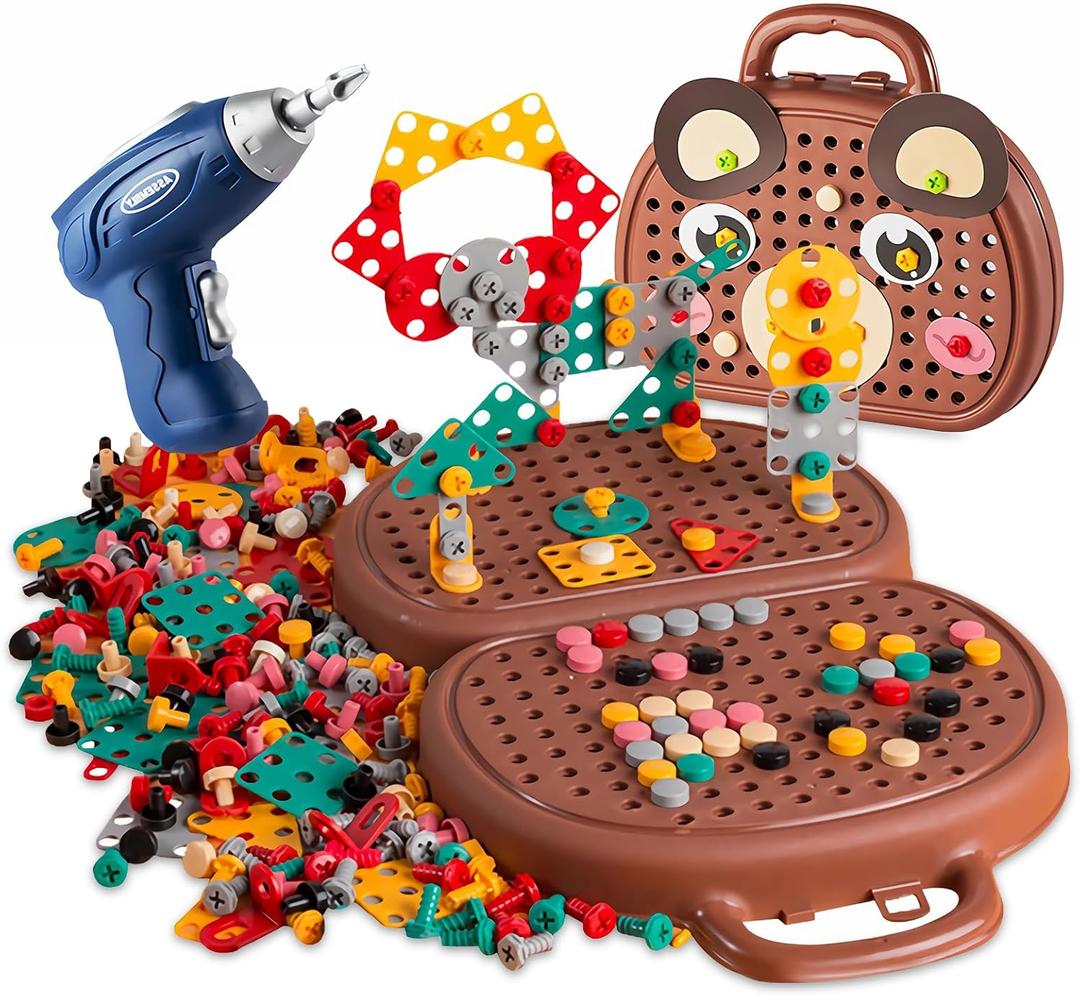 Magic Montessori Play Toolbox with Drill, 203Pcs Magic Montessori Play Toolbox Bear-Themed, 2D/3D Creativity Tool Box Montessori Toys Gift for Age 3-12 Years Old Boys Kids, Girls