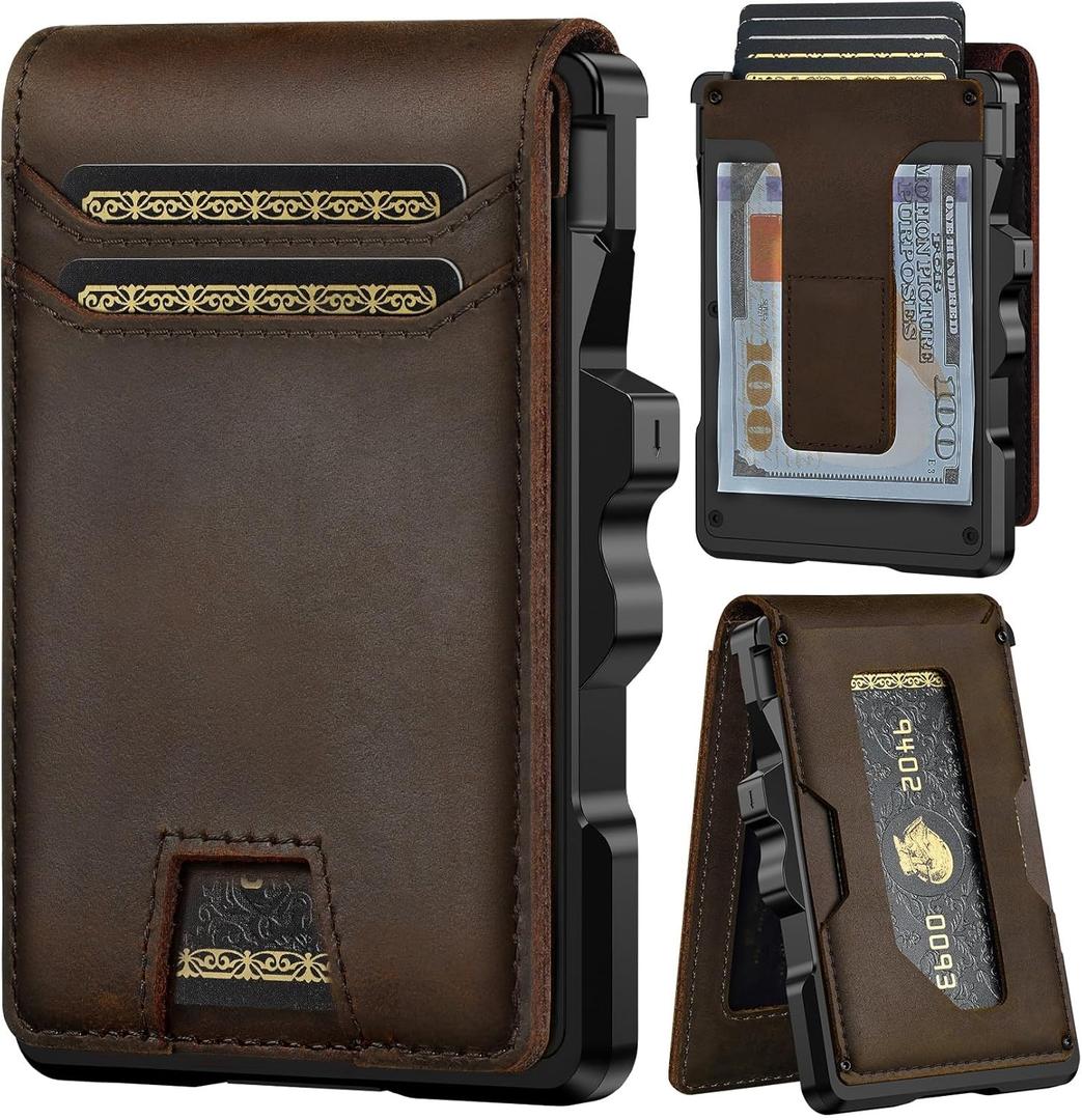 Furid Genuine Leather Wallet for Men: Slim RFID Minimalist Wallets with Money Clip - Smart Pop Up Credit Card Holder for Front Pocket - Gifts for Husband Father on Birthday Anniversary