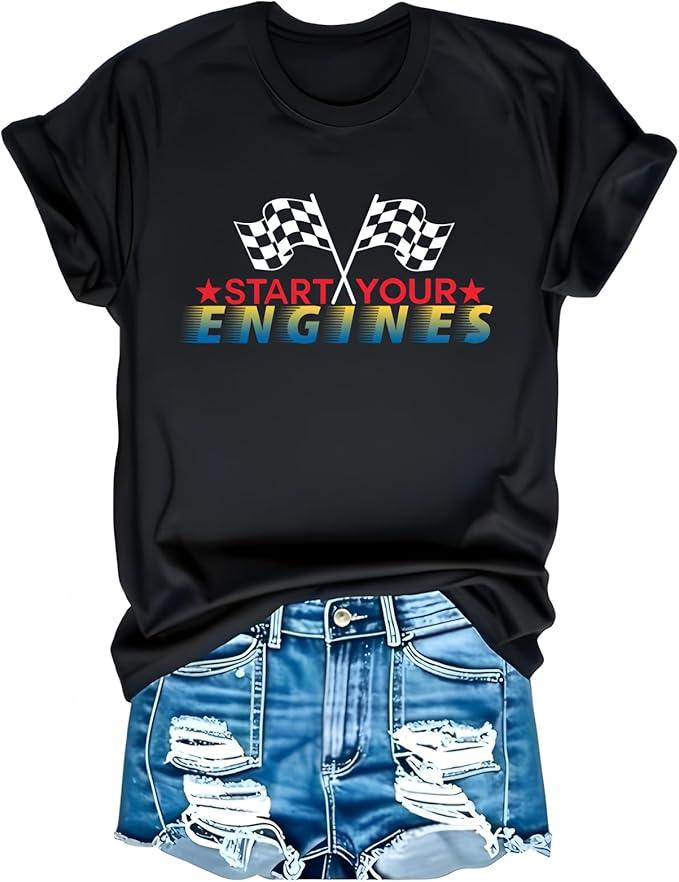 Racing Shirts for Women Checkered Flag T-Shirt Race Day Tee If You Ain't First You're Last Tee Top (Small)