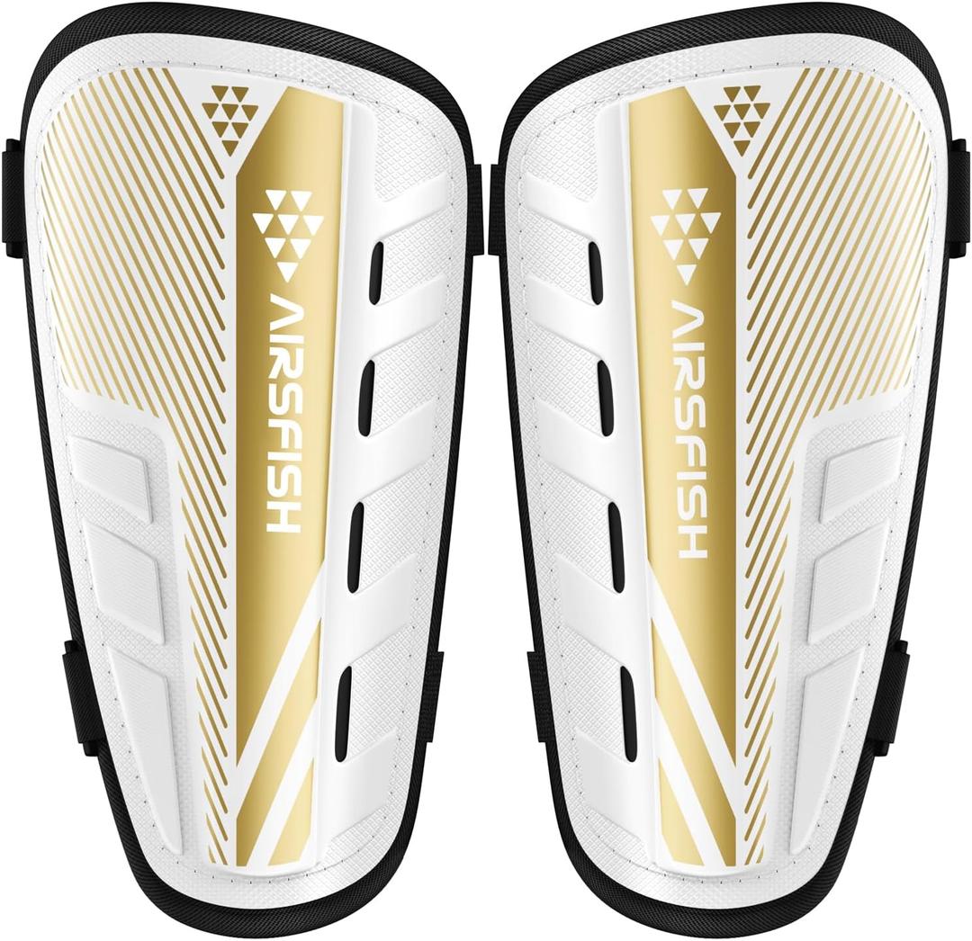 Shin Guards Soccer Kids Youth, CE Certified Airsfish Shin Guard Protection Gear for 2-18 Years Old Boys Girls Teenagers High Impact Resistant Breathable Comfortable 1 Pair 4 Sizes (XX-Small, White+Gold)