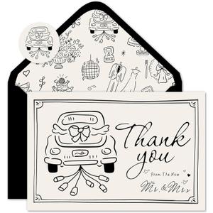 Whaline 50 Pack Wedding Thank You Cards Boxed Black The New Mr & Mrs Car Cake Thank You Greeting Note Cards with Envelope Sticker for Bridal Shower, Black