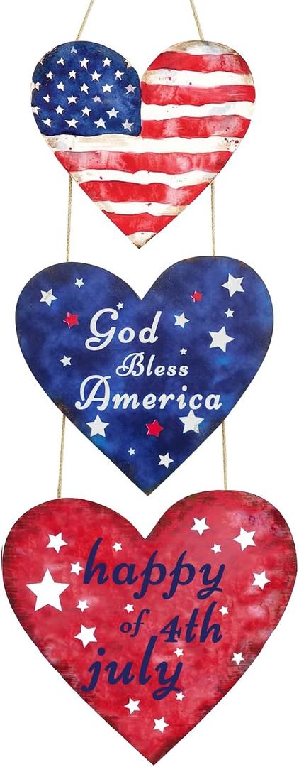 4th of July Decorations Wooden Heart Door Hanger, Patriotic Wreath for Front Door, American Flag God Bless America Hanging Sign, Red White Blue Memorial Day Wall Porch Dcor