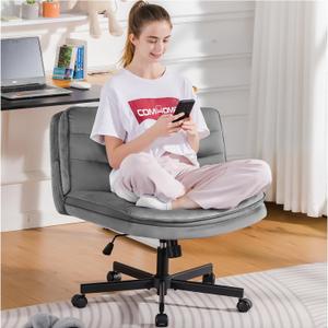 COMHOMA Cross Legged Office Chair with Wheels Armless-Office Desk Chair, Modern Vanity Computer Task Chairs for Home Bedroom, Comfortable Wide Seat for Lower Back Pain Relief, Soft Velvet, Gray