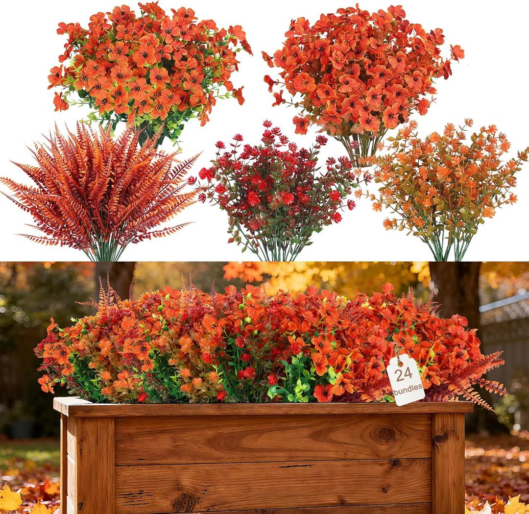 CEWOR 24 Bundles Orange Artificial Mums Flowers Fake Fall Plants for Outdoor Indoor, Fake Silk Daisy with Eucalyptus Leaves for Autumn Garden Front Door Porch Planter Patio Home Decor