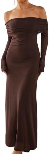 KUTUMAI Women Off Shoulder Bodycon Maxi Dress Long Sleeve Mesh Ruched Party Formal Wedding Guest Dresses XS