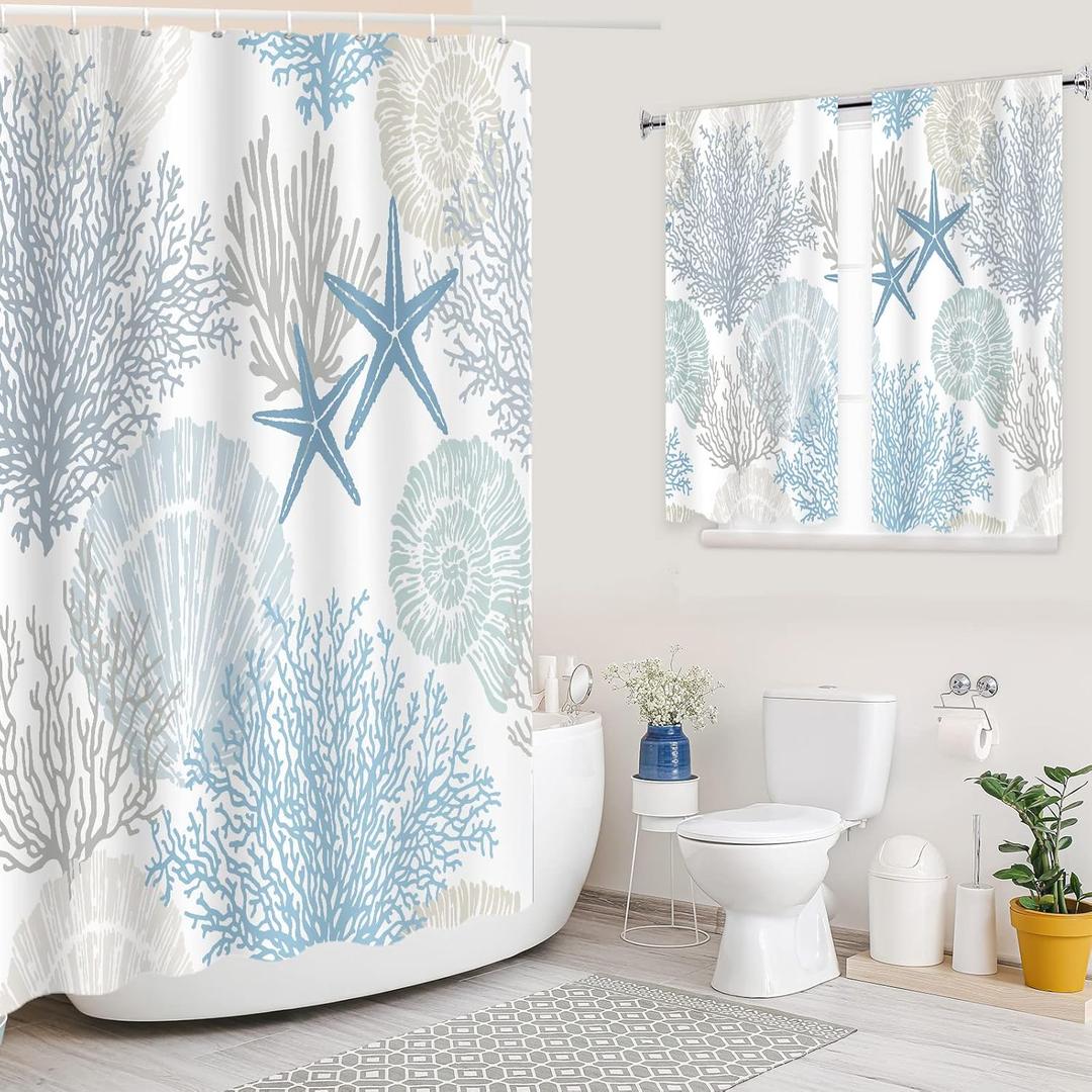YISURE Seashell Matching Shower and Window Curtains for Bathroom, 2 Piece Shower Curtain Set 72x72 with 30x36 inches, Beach Theme Window Shower Curtain Water-Repellent Fabric Bath Decor