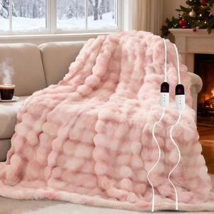 AEPINBH Electric Blanket, Soft Faux Rabbit Fur Bubble Heated Blanket with Dual Control 6 Heating Levels & 10 Hours AutoOff, Machine Washable, Fast Heating (Pink White, 90"X100")
