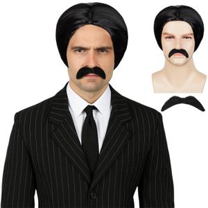 Wiggy Mermaid Black Wig and Mustache Set Mens Short Black 70s 80s Wig + Wig Cap for Halloween Costume Disco Theme Party Cosplay