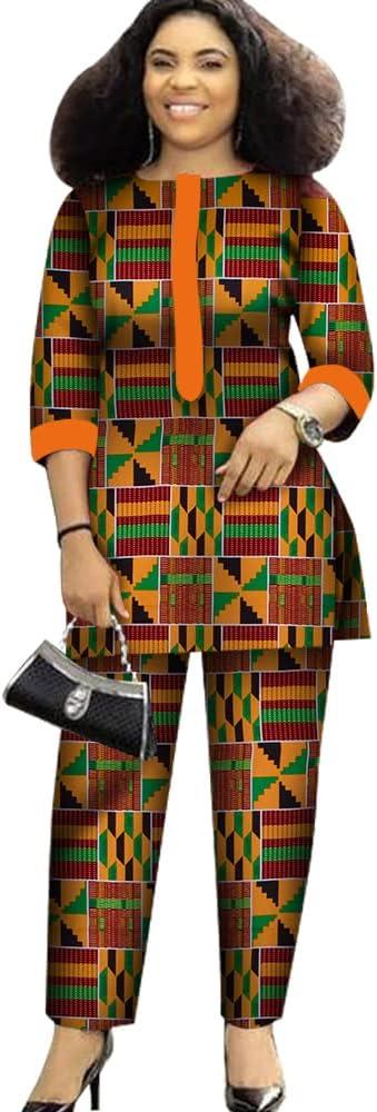 XIAOHUAGUA African Suits for Women Print Wax Plus Size 2 Piece Outfits Top and Pants Sets Fashion Women in African Clothing (XX-Large, T19)