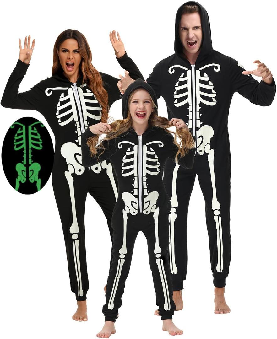 Veseacky Matching Family Pajamas Sets Skeleton Glow in Dark Jumpsuit Halloween Hooded One-Piece Zipper PJS Family Jammies (Large, Style A_black-men)