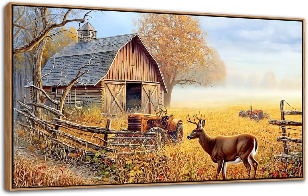 JEAWA Large Framed Wall Art - Deer Animal Art Prints Ready to Hang, Farm Canvas Painting as Gifts for Housewarming, Rustic Nature Landscape Pictures for Living Room Bedroom Home Decoration, 29x58 IN (58L" x 29W")
