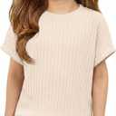ZDC Girls Short Sleeve T Shirts Kids Summer Textured Tops Crewneck Casual Tee 5-14 Years (Beige)