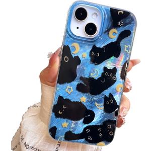 Compact Case for iPhone 14 Plus Black cat Design,Cute Trendy Soft Slim TPU Shockproof Protective Bumper Phone Cases Cover for Women Girls Aesthetic Glitter Shiny Adorable