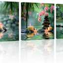 TutuBeer 3 Pcs Spa Wall Art Zen Pictures Wall Art Spa Stone Bamboo Pink Flower with Candles Pictures Zen Bathroom Art Print on Canvas for Home Decor Wall Decor Stretched and Framed 12x12inchx3