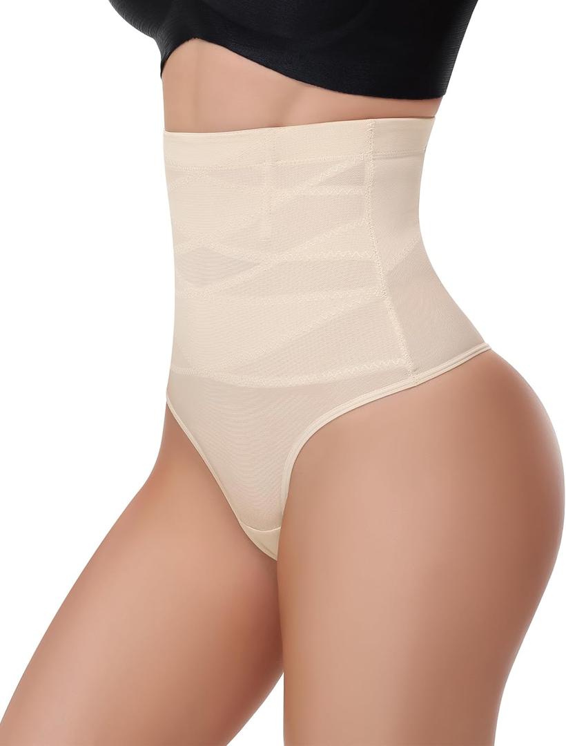 Yeblues Tummy Control Thong Shapewear, Women Seamless High Waisted Thong Panties Body Shaper Underwear, Beige