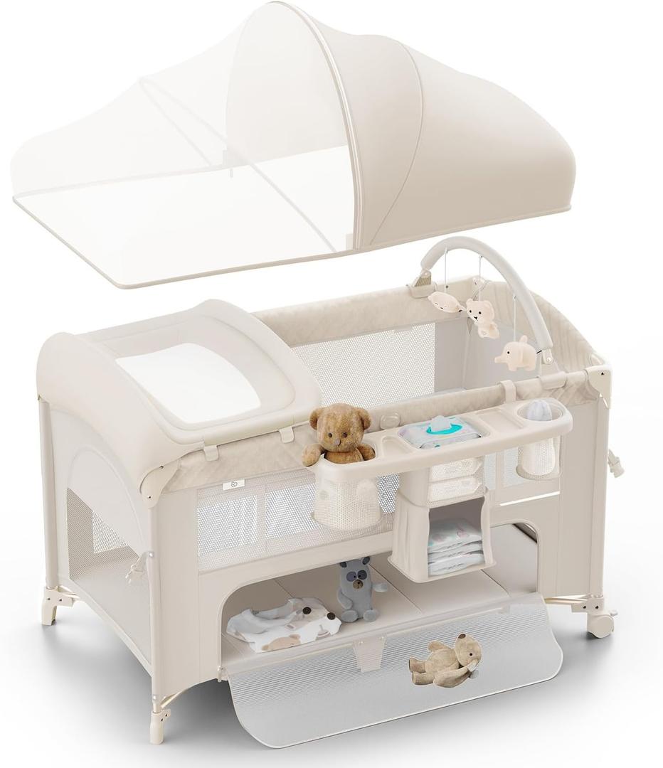 4 in 1 Baby Bassinet, Pack and Play, Bedside Crib Sleeper, Diaper Changer - Comes with Mattress, Mosquito Net, Bottom Storage and Toy Bar for Newborn to Toddles (Beige)