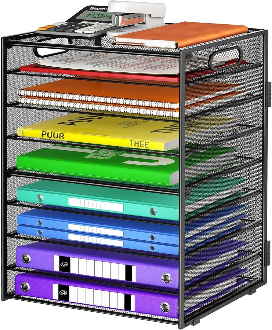 Cawukege 9 Tier Paper Organizer with Handle, Black Large Capacity Desk Organizer Mesh File Folder Letter Paper Tray Desktop Document Sorter for Classroom, School, and Office Accessories Organization (1 Pack - Black)