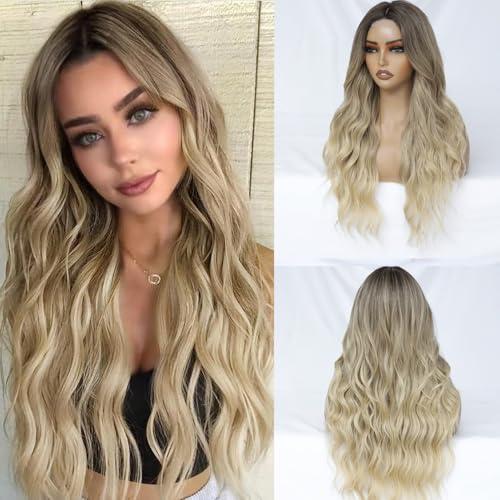 FEIVOSILAN Ombre Blonde Wig for Women Long Wavy Blonde Wig Middle Part 26 Inch Wigs Heat Resistant Synthetic Wig for Daily Use