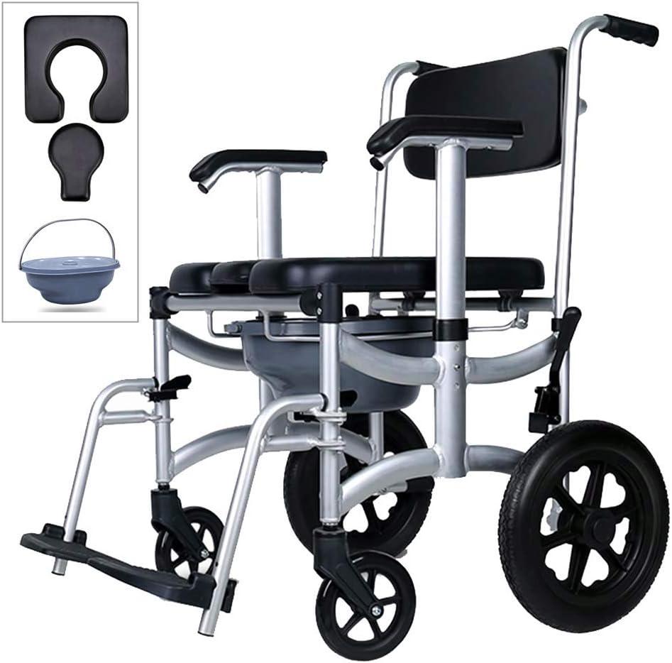 Mobile Shower Chair, 4-in-1 Toilet Commode Wheelchair with Brakes, Removable Pedal, Adjustable Armrest, PU Backrest Cushion and Pail 330lb
