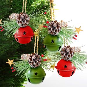 4 Pack Christmas Hanging Jingle Bells Ornaments, Red and Green 3.5 Inch Metal Bells with Frosted Pinecones, Snowy Pine Leaves and Berries, Rustic Xmas Decorations for Tree, Door, Fireplace Party Dcor
